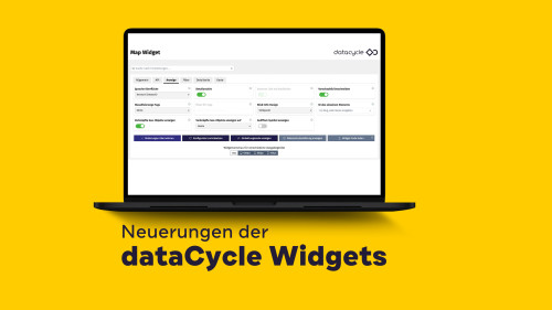Headergrafik für Blogbeitrag "Neuerungen der dataCycle Widget" mit einem Mockup, der das Map Widget zeigt